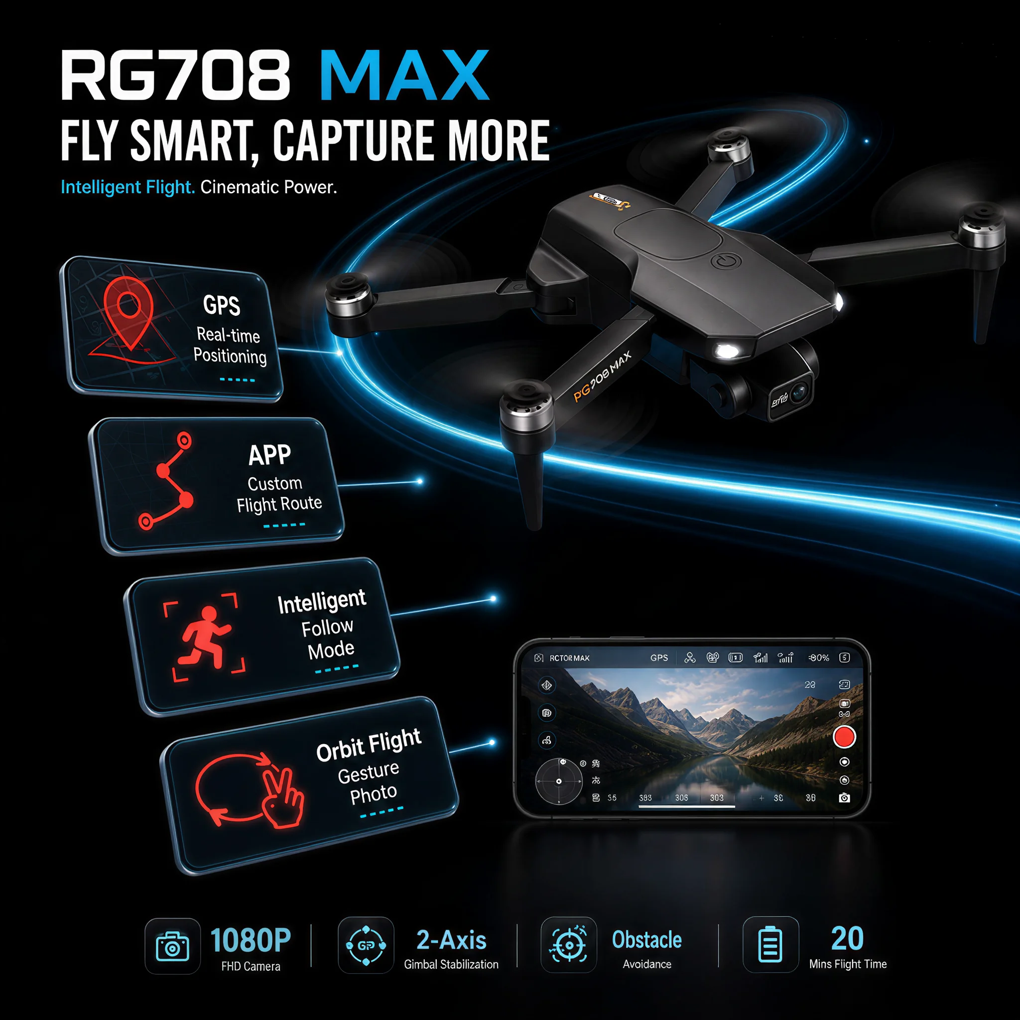 GPS Drone with 5G WiFi,RG708 Foldable Quadcopter,Ultra 1080P FHD Camera 2-Axis Gimbal,Auto Return Home,3800mAh 25Min Flight