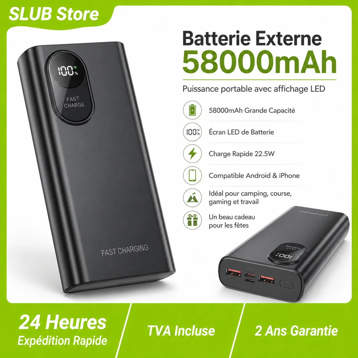 SLUB Batterie Externe 58800mAh Grande Capacité, Charge Rapide 22.5W PD, 2 Ports USB-A + USB-C (Entrée/Sortie) + Micro, Affichage LED, CE Certifié, Charge 2 Appareils, pour iPhone 17/16/15 (Noir) Marque : SLuB Rechercher sur cette