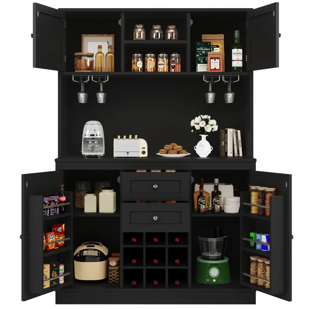 Mueble de Cocina con Estantes Ajustables y Botellero, Aparador Alto de Cocina con 4 Puertas y 2 Cajones, Mueble Auxiliar para Cocina