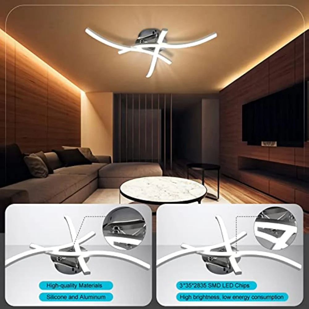 LED Ceiling Light 18W Dimmable Ceiling Light 3 Built-in LED Boards  Modern Curved Ceiling Light for Living Room Bedroom Hallway