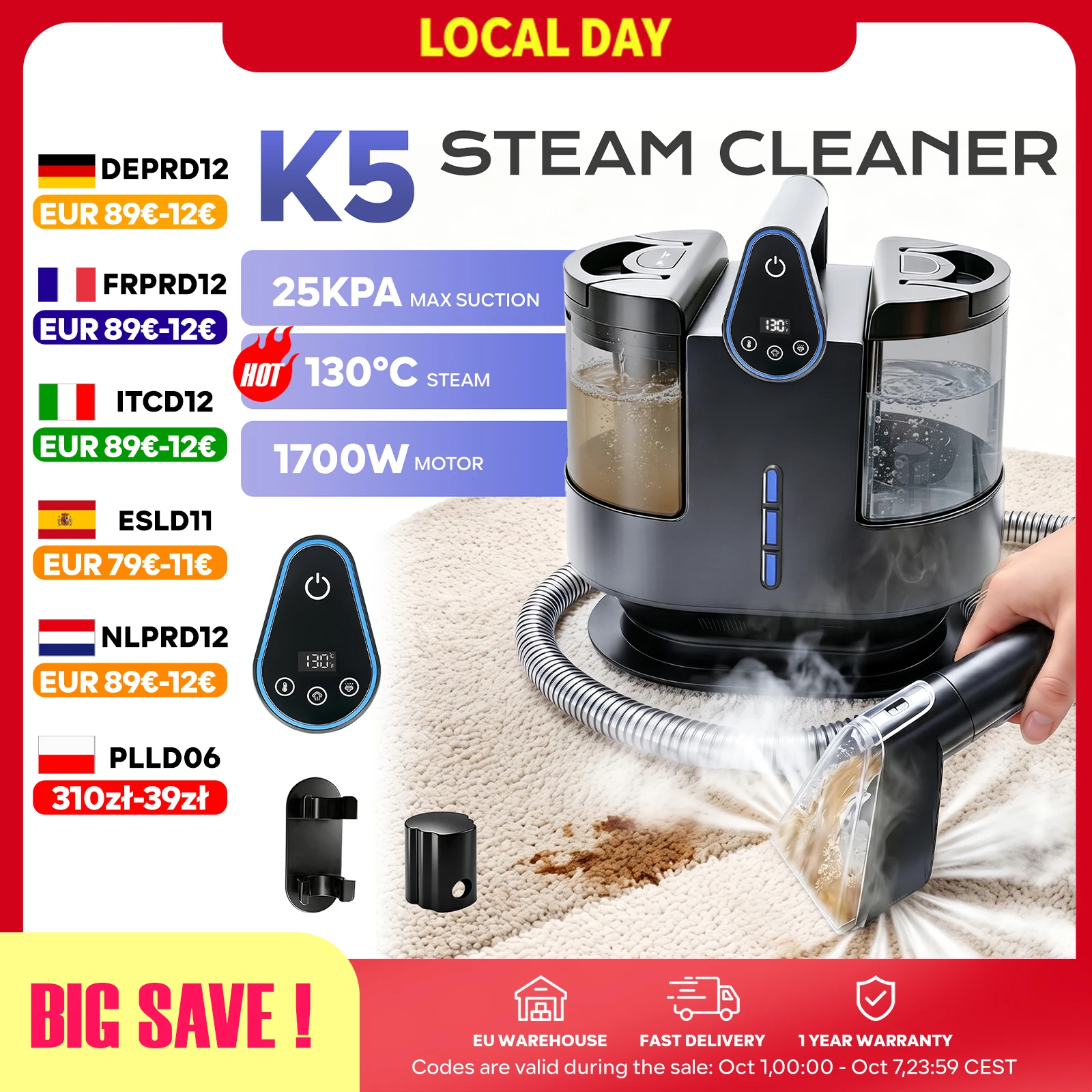 INSE K5 1700W 25kPa Pulitore a Vapore per Tappeti, 5 Livelli di Temperatura 3 Modalità di Aspirazione Dispositivo Portatile di Spruzzo, Grandi Serbatoi Display Touch LED per Divani, Materassi e