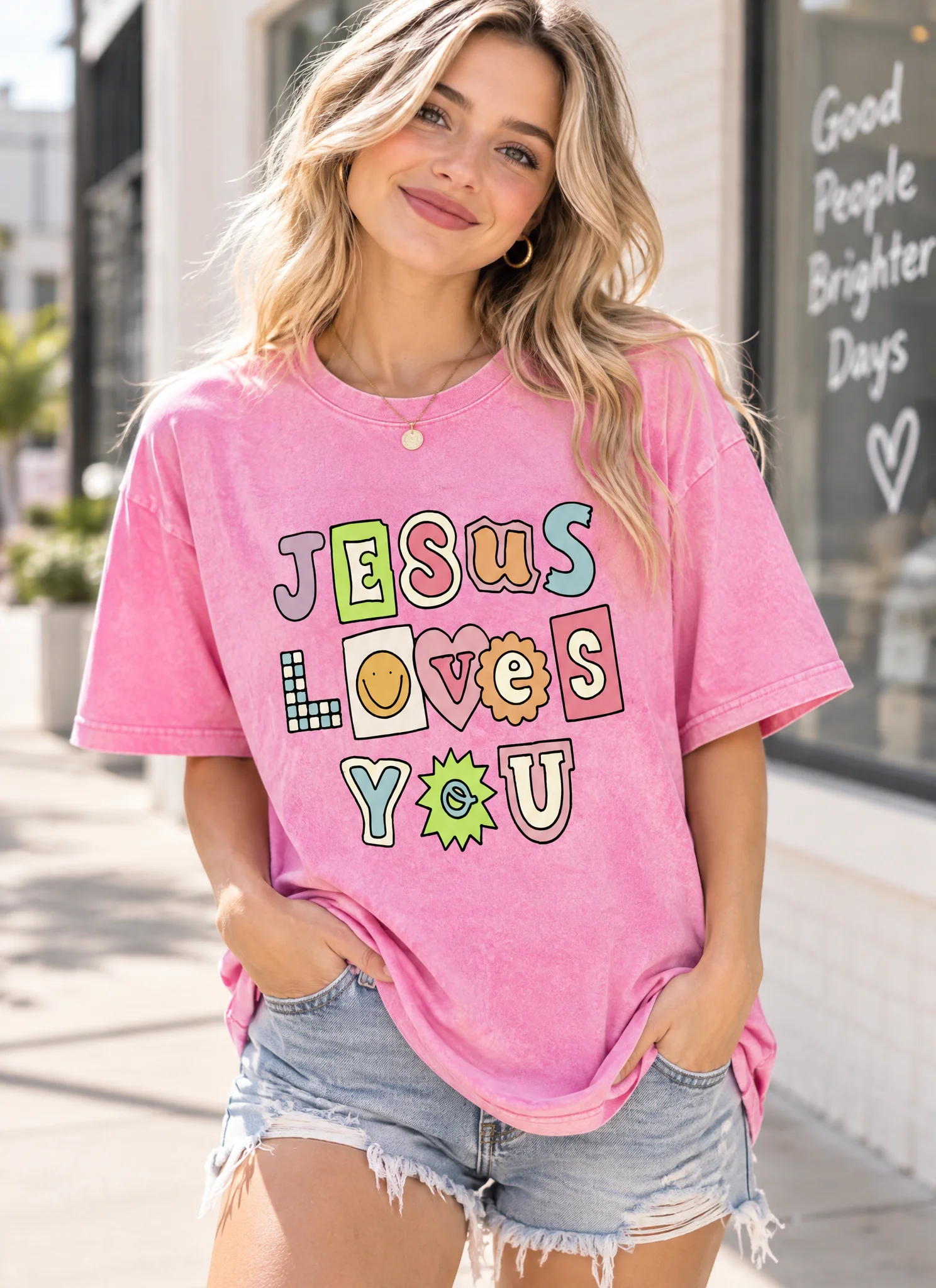 Jesus Loves You Retro Streetwear Graphic Tee With Geometric Print-Heavyweight Cotton Unisex T-Shirt,Summer Outdoor Casual Wear,Streetwear
