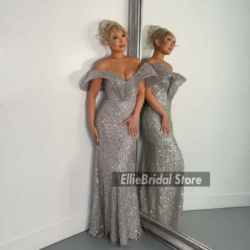 فساتين سهرة لامعة باللون الذهبي الوردي قبالة الكتف ورقبة على شكل V لحفلات الزفاف للنساء فستان حفلة موسيقية أفريقي 2025 مخصص