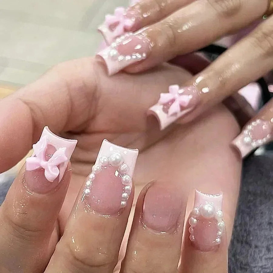 Faux ongles français courts et carrés N64.avec nœud perlé, acrylique, rose, nail art, perfecpress on, couverture complète, pointe d'ongle, 24 pièces