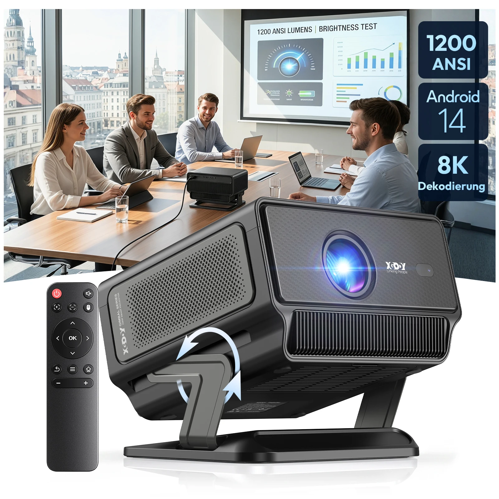 XGODY Gimbal A8 1200 ANSI Lumens Business Projector 8K/4K Beamer Android 14 AI Auto Focus 6D Keystone Correction Native 1080p Resolution Office, Education, Meetings, Home Theater, Outdoor