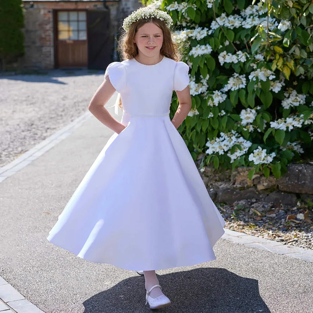 

Customized White Satin Flower Girl Dress Maxi Beaded O Neck Short Sleeves Flower Girl Gown Pocket A Line Ankle Length Party Gown