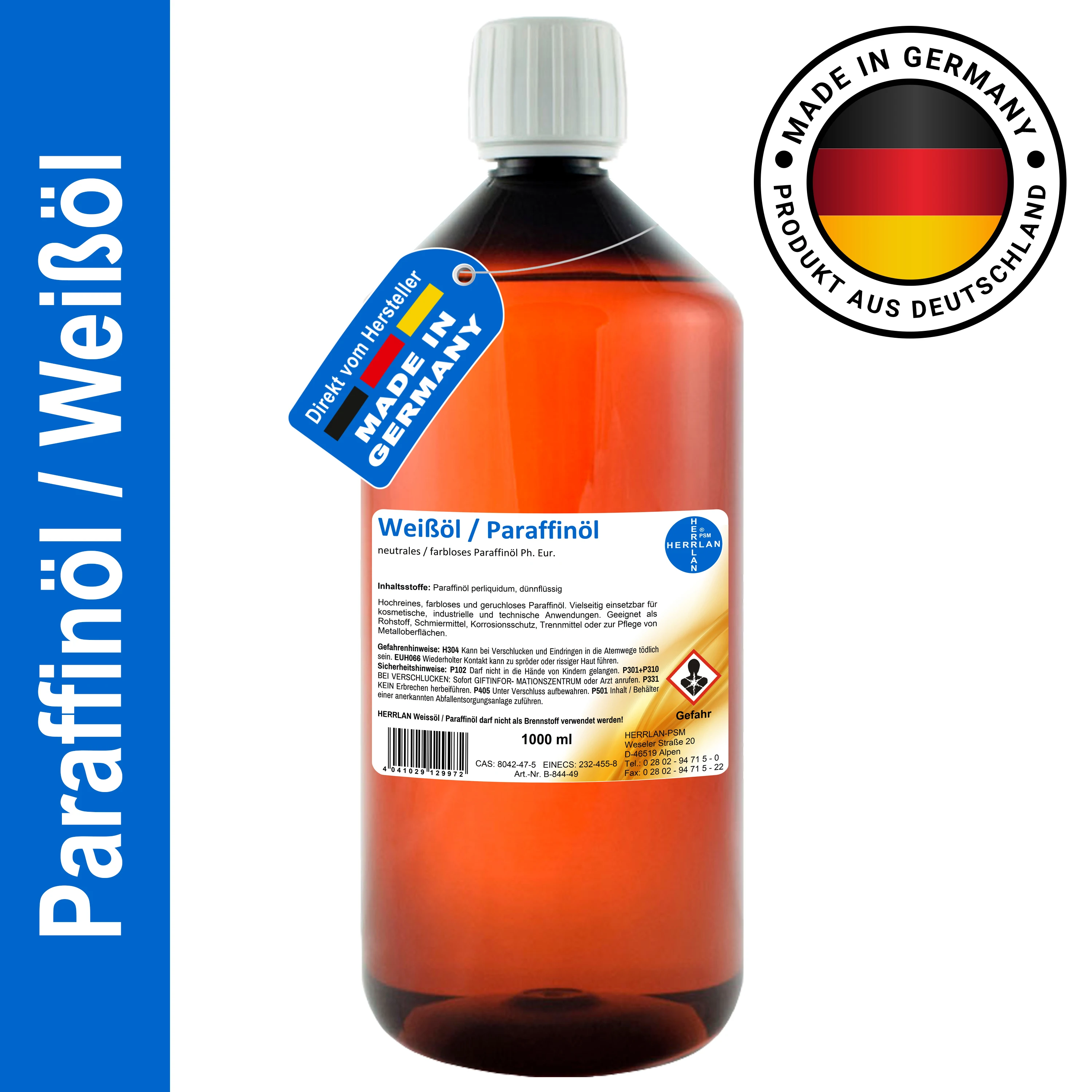 HERRLAN ® Paraffine-olie Paraffinum White Oil (Ph. Eur. Zeer geraffineerde, neutrale, kleurloze, dunne en geurloze olie