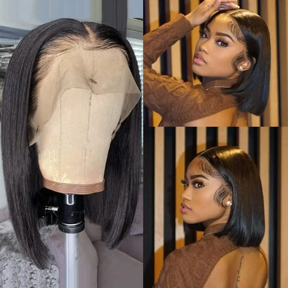 Peruca brasileira de curto bob para mulheres negras, cabelo humano, perucas transparentes frente do laço, densidade 180%, cabelo remy, cor natural, 13x4, 4x4