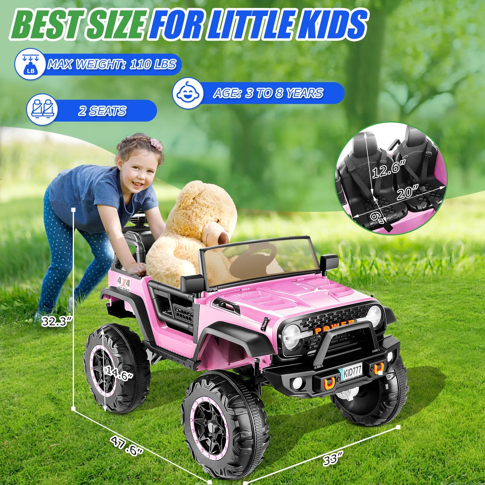 24V 2 posti bambini giro su camion auto elettrica 4WD/2WD commutabile 7AH alimentato a batteria giro su giocattolo con motore 4x100w, 3 velocità,