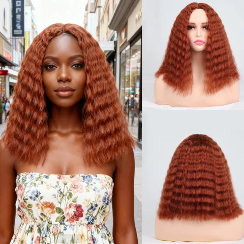 Deep Wave Wigs with Bangs Yaki Wavy Wig Curly Bob Wig With Blunt Bangs Water Wave Wig Shoulder Length Wigs Synthetic Hair Wig Fo