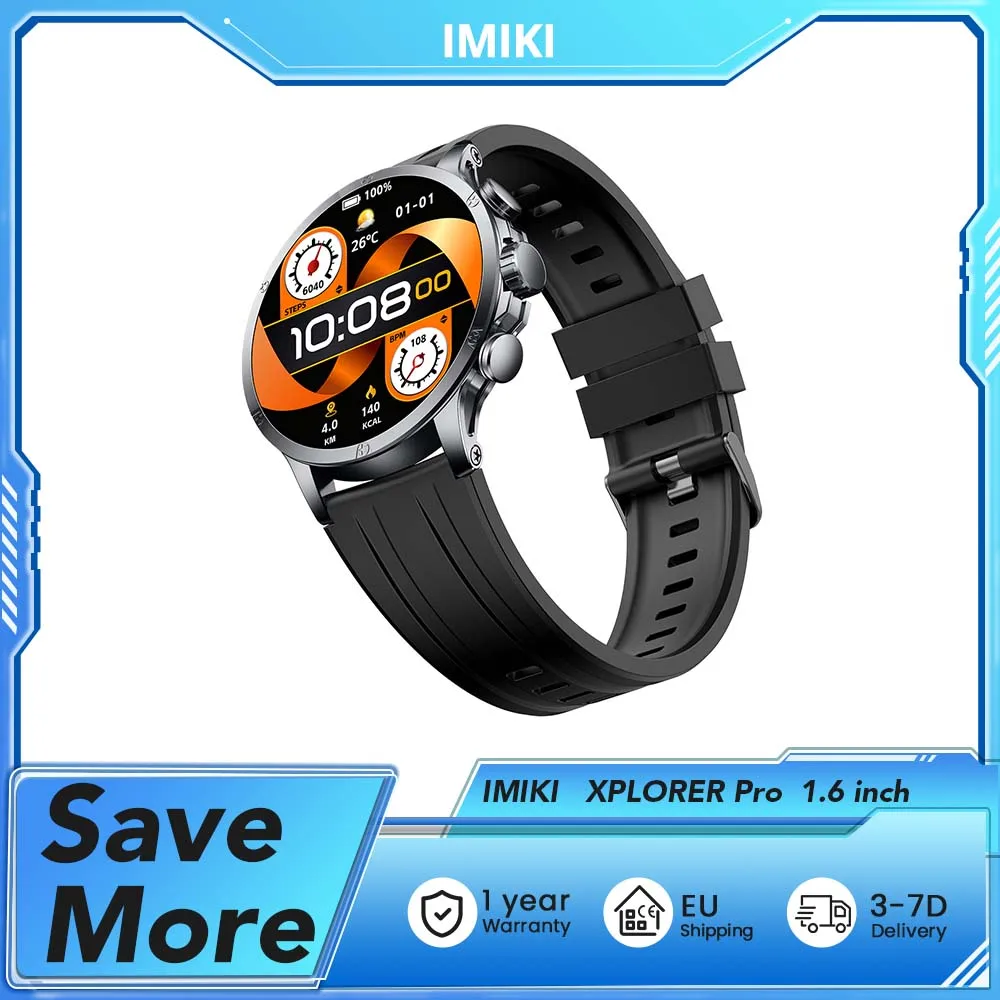 IMIKI XPLORER Pro Smartwatch, 1,6 inch AMOLED, 450 mAh, 170+ sportmodi, hartslag-/SpO2-/slaapmonitor, Bluetooth bellen, 1 ATM, 100+ wijzerplaten