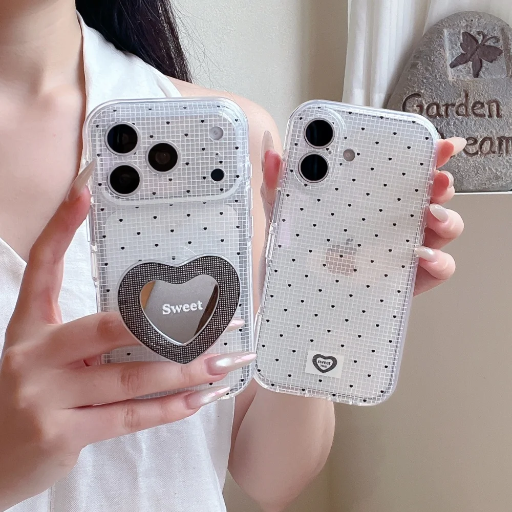 Korean INS Sweetheart Makeup Mirror Holder Phone Case for iPhone 17Pro 15 16 17 ProMax 15 16Pro Fashion Polka Dot Case for Girls
