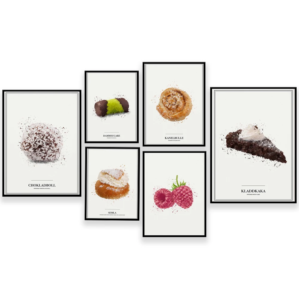 Impresión de pastelería de pastel de barro sueco, pastelería en rollo, pastelería de brioche, bolas de chocolate, bollos de canela, cartel de comida imprimible de frambuesa