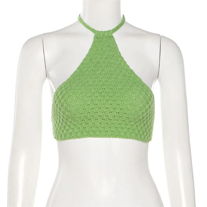 Été tricoté Bikini débardeur haut court Sexy évider licou à lacets maillots de bain haut gilet Crochet plage couvrir femmes solide maillot de bain