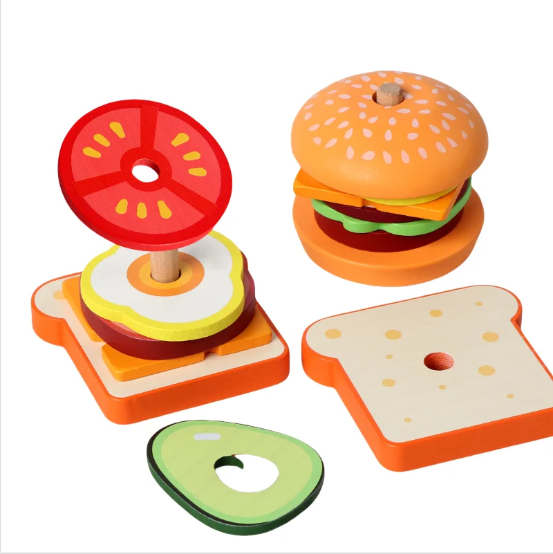 

Деревянные бургеры, сэндвич, штабелируемые игрушки, игрушки Монтессори для малышей, ролевые игры, еда, дошкольные развивающие игрушки, игрушки с мелкой моторикой