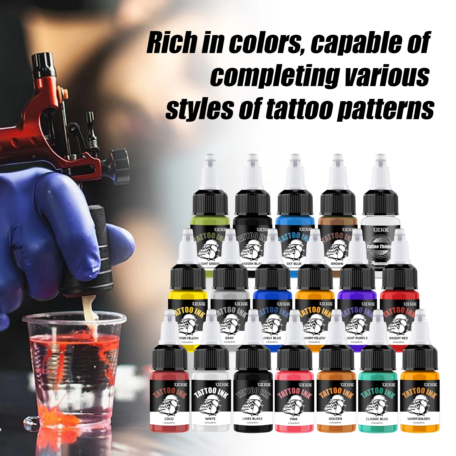 Uink 18 stücke Tattoo Tinte Set 20ml (0,65 Unzen) Tattoo Pigment einfach zu färben lang anhaltende Body Art mehrfarbige Tattoo Tinte Kit