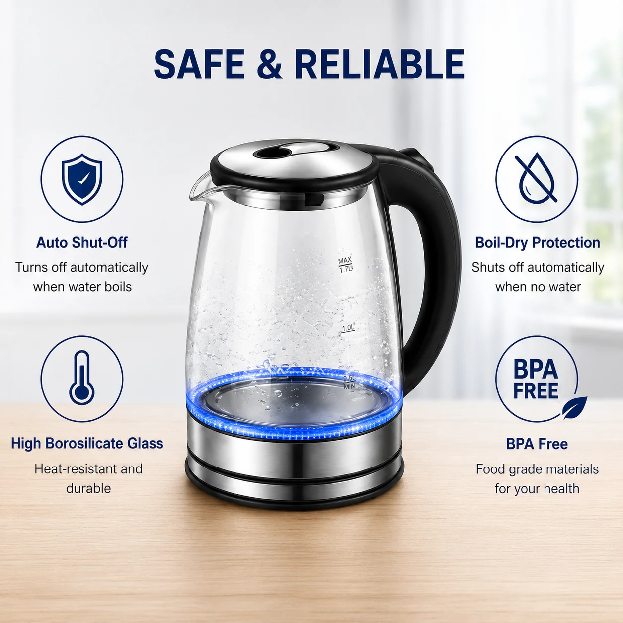 Electric Glass Kettle 1.7L, Fast Boiling Water Kettle with LED Light, Stainless Steel Base, Cordless Design, Auto Shut-Off & Boil-Dry Protection