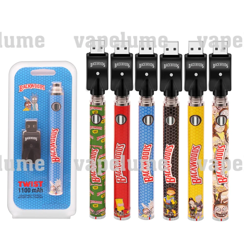 Backwoods 510 الخيوط خرطوشة ملحقات البطارية 1100 Mah قابل للتعديل فولت قابلة للشحن التسخين المسبق تويست بطاريات حامل بلاستيك