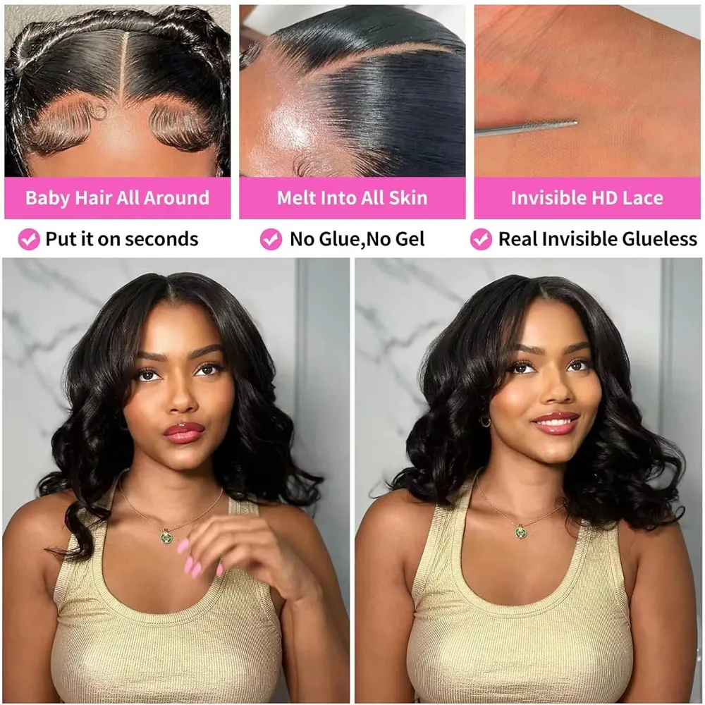220% Density Body Wave Wear And Go Glueless Human Hair Wigs Bob Wigs For Women Ready To Wear Pre Cut 13x4 Front Wig No Lace image 4