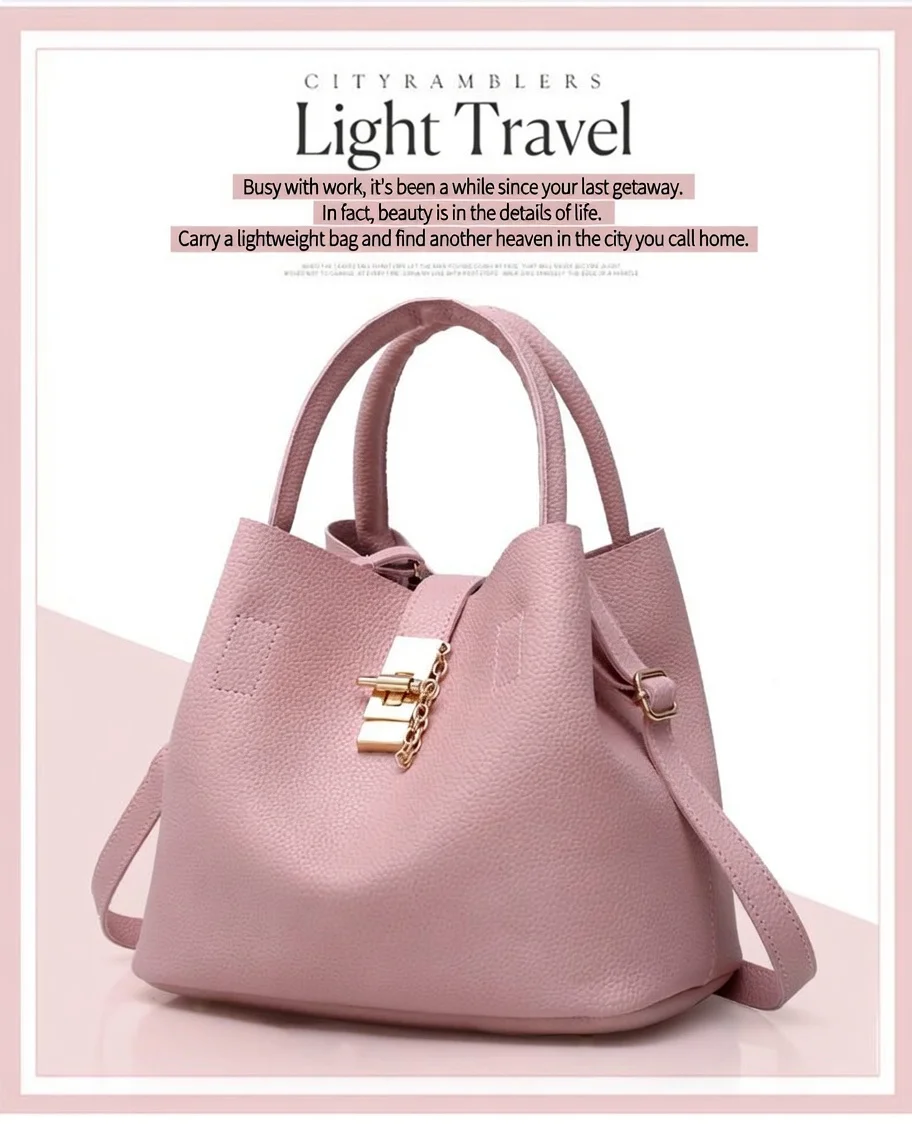 

Retro-style bucket bag with a lock clasp, soft leather feel, metal chain clasp, can be carried by hand or worn crossbody, large capacity, suitable for everyday commuting and casual wear.