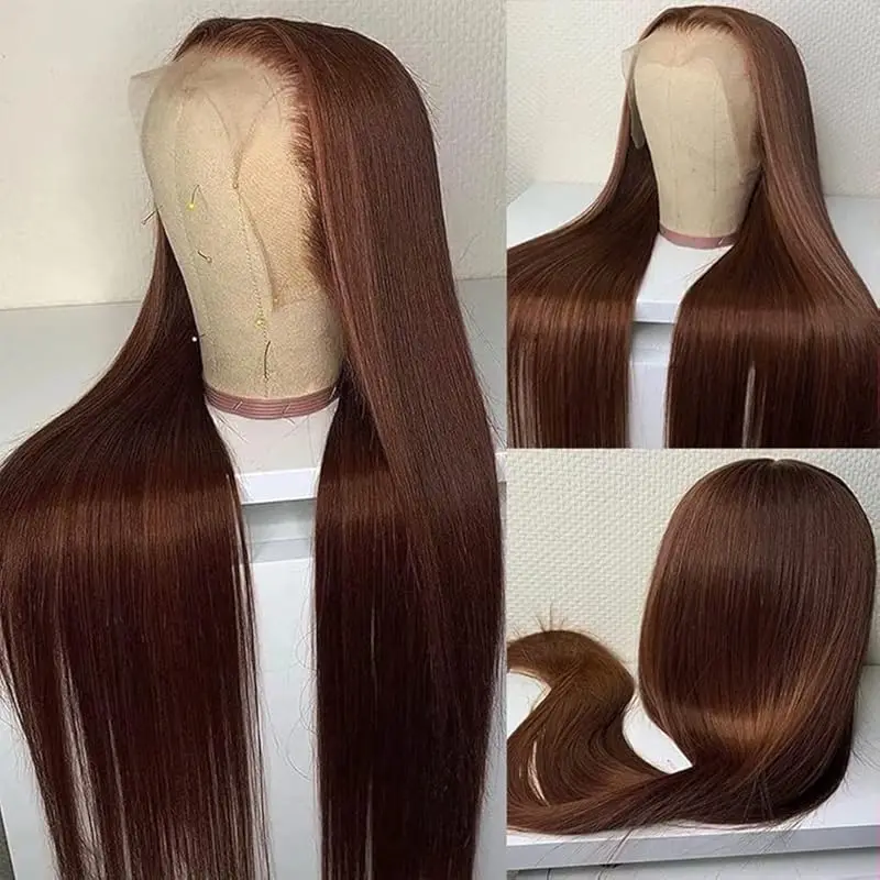 Perruque Lace Front Wig naturelle lisse brun, 13x4, pre-plucked, avec baby hair, densité 150%