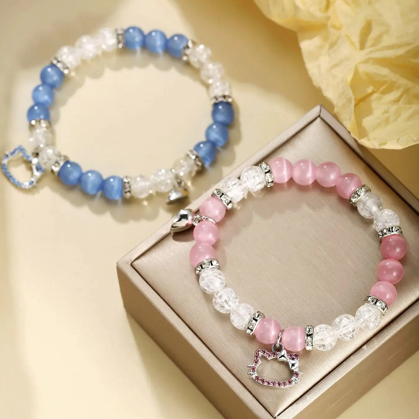 2 pcs of Blue and Pink Beads Cute cat Pendant Heart Shape Magnet Elastic Couple's Bracelets, Bff Trendy Jewelry Gifts