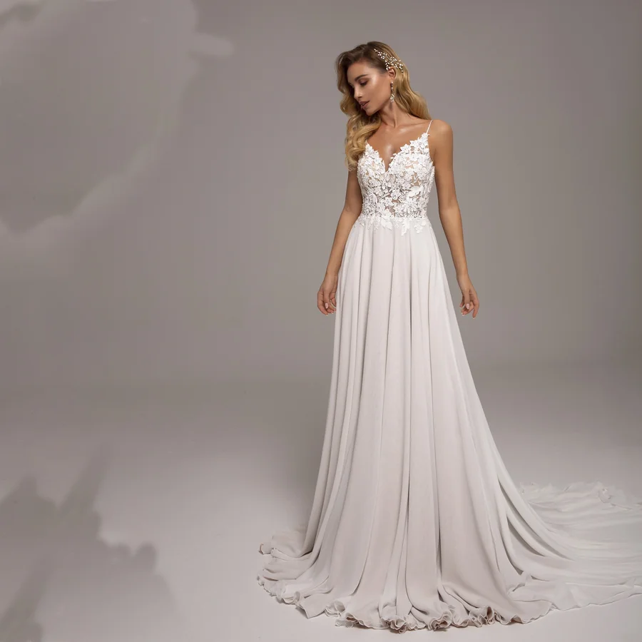 

Delicate A-line Applique Wedding Dress with Spaghetti Straps Gorgeous Illusion Bridal Gown with Watteau Train for Women