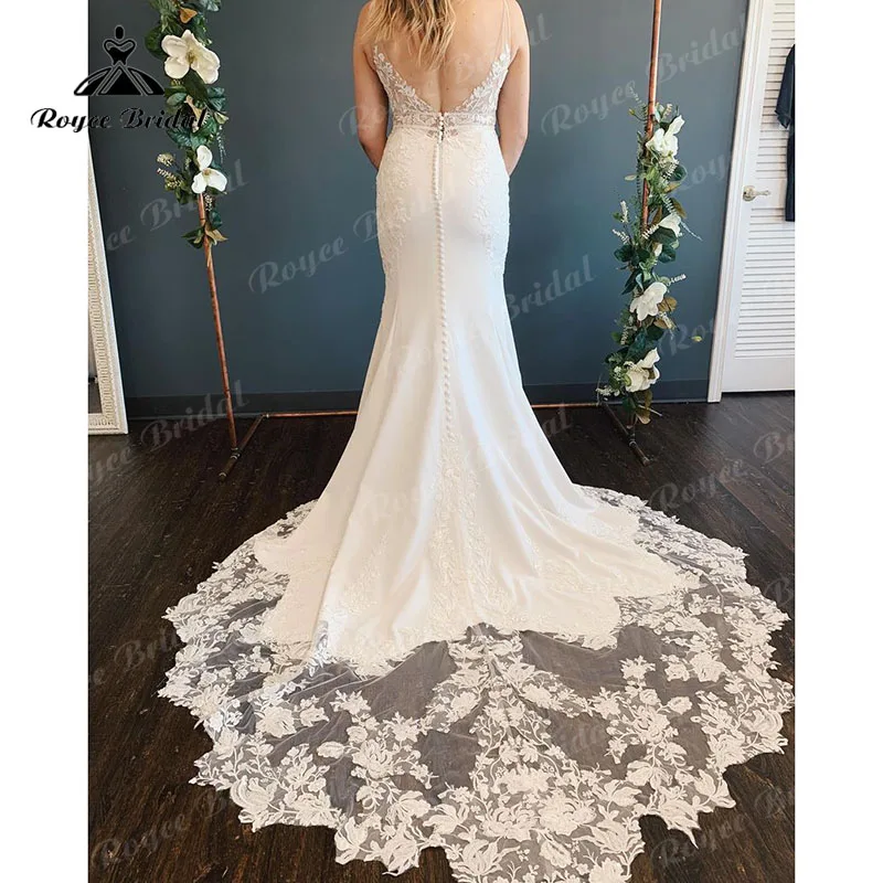 Boho Mermaid/Trumpet Sleeveless Wedding Dress Lace Appliuqes V Neck 2022 Robe Civil Satin Open Back Cut-out robe mariée sirene