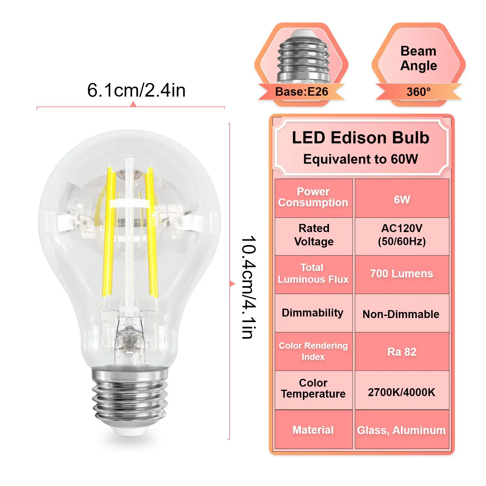 6PCS A19 Filament LED Bulbs 6W AC120V E26 Clear Medium Base Vintage Light Bulbs 2700K Warm White 4000K Nature White 700 Lumen