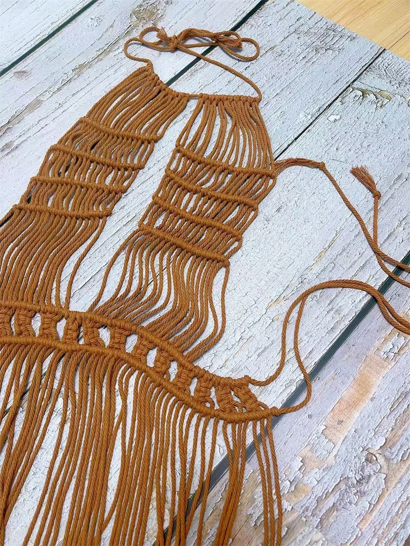 Women's Tassel Crochet Bikini Cover Up, Sexy Halter Lace Up fishnet  Fringe Bohemian Beach Dress, Knit Swimsuit Sarong Outfits view 6