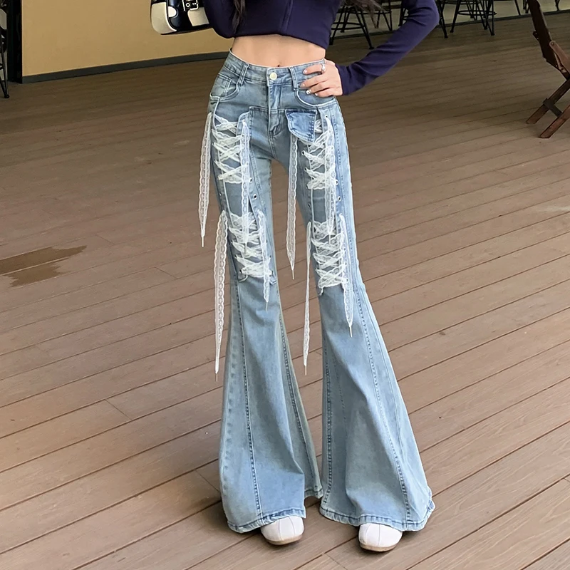 

Women's Blue Lace Straps And Flared Jeans Harajuku Style Autumn 2025 New Korean High-Waisted Slim Jeans Floor-Moving Trousers