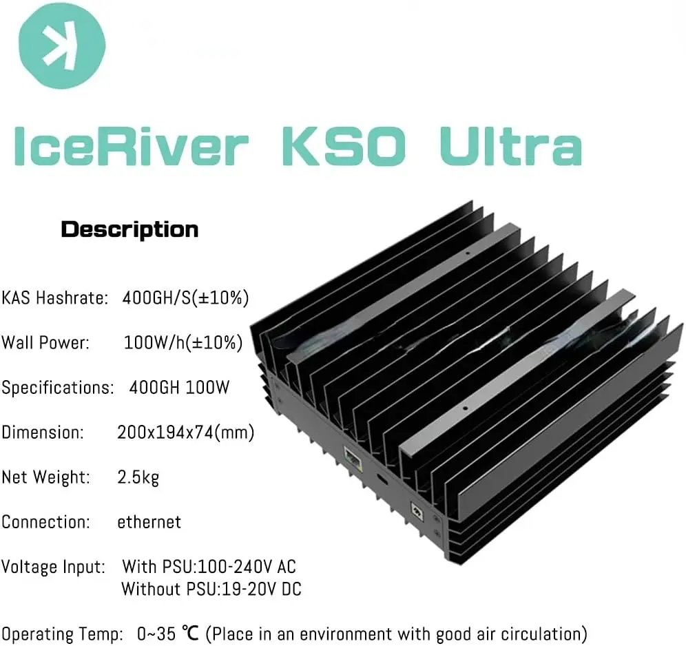 آلة التعدين IceRiver KS0 Ultra ، آلة التعدين المشفرة Asic مع PSU ، 400gh ، as kww ، صفقة ترحيب