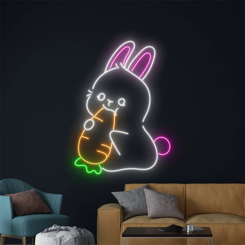 Lapin Carrot Neon Sign, Lapin Led Light, Joyeuses Pâques Neon Light, Décor mural de chambre de Pâques, Lapin Led Light