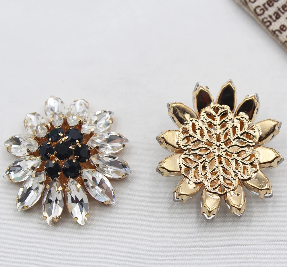 2Pcs 45MM DIY Clear Black Rhinestone Flower Embellishment Motif Flat Back for Wedding Prom Dress Headband Shoe Decoration