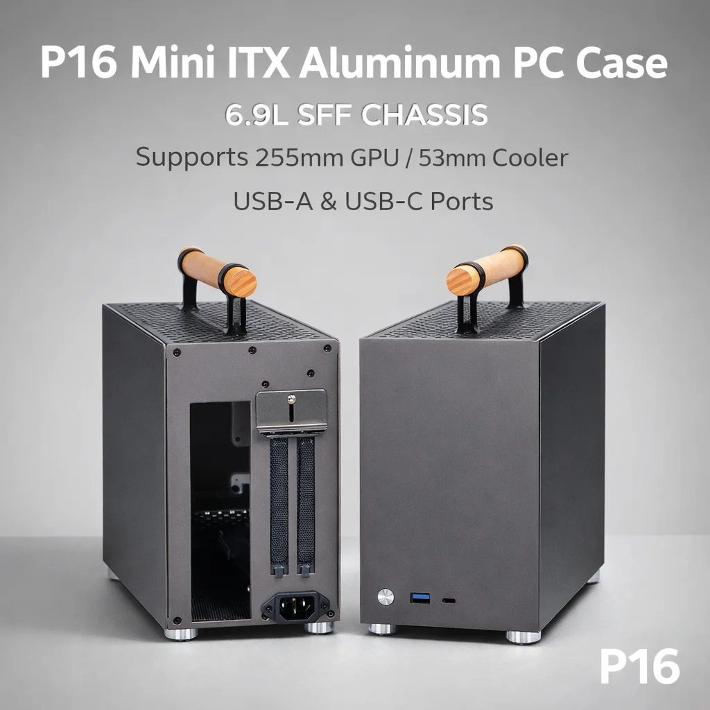 

P16 Mini ITX Aluminum PC Case 6.9L SFF Chassis Support 255mm GPU 53mm Cooler USB-A USB-C