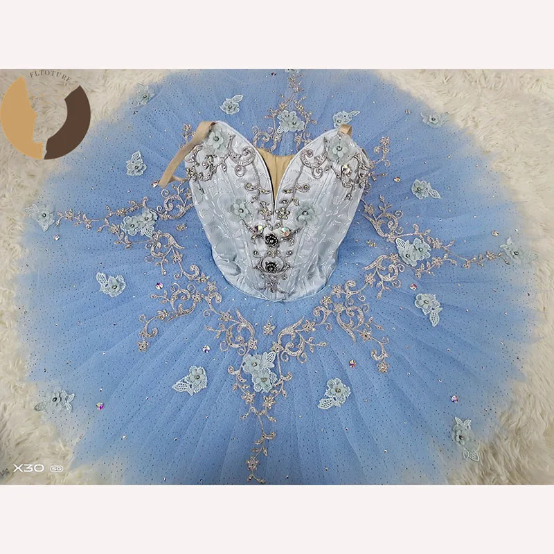 FLTOTURE Women Professional Blue Pancake Tutu Sleeping Beauty Fairy Princess Florina Ballet Competition Stage Costume YQ4002A