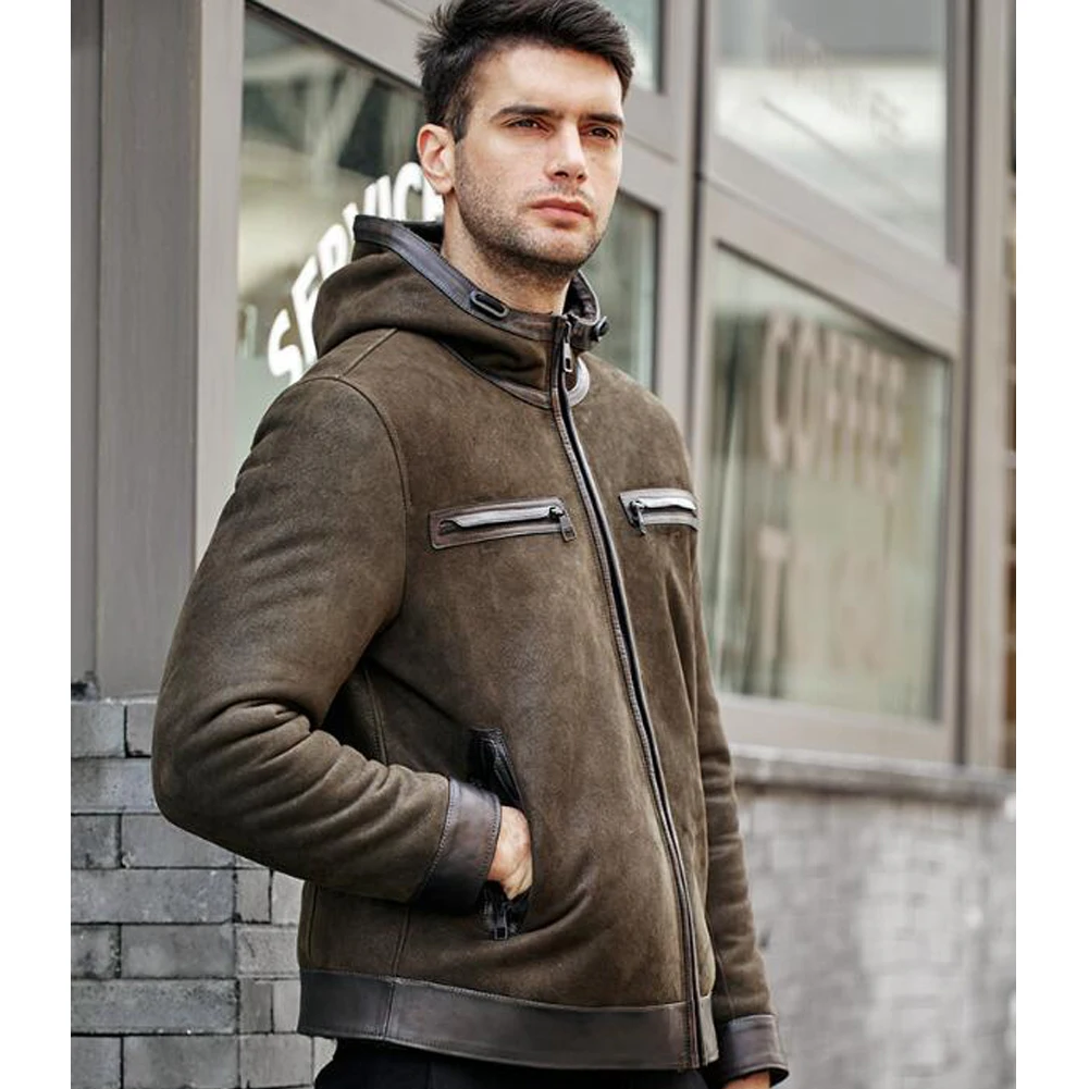 Denny&Dora Mens Shearling Jacket - Warmest Winter Coats, Natural Shearling Leather Coat, Short Sheepskin Jacket Hooded