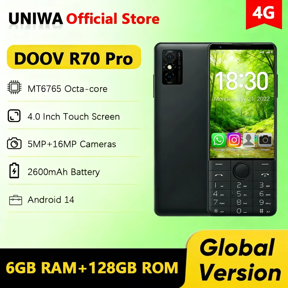 DOOV R70 Pro 4G Touch Screen Keypad Mobile Phone with 16MP Camera 4.0Inch 6GB+128GB 2600mAh Smartphone Whatsapp Hebrew keyboard