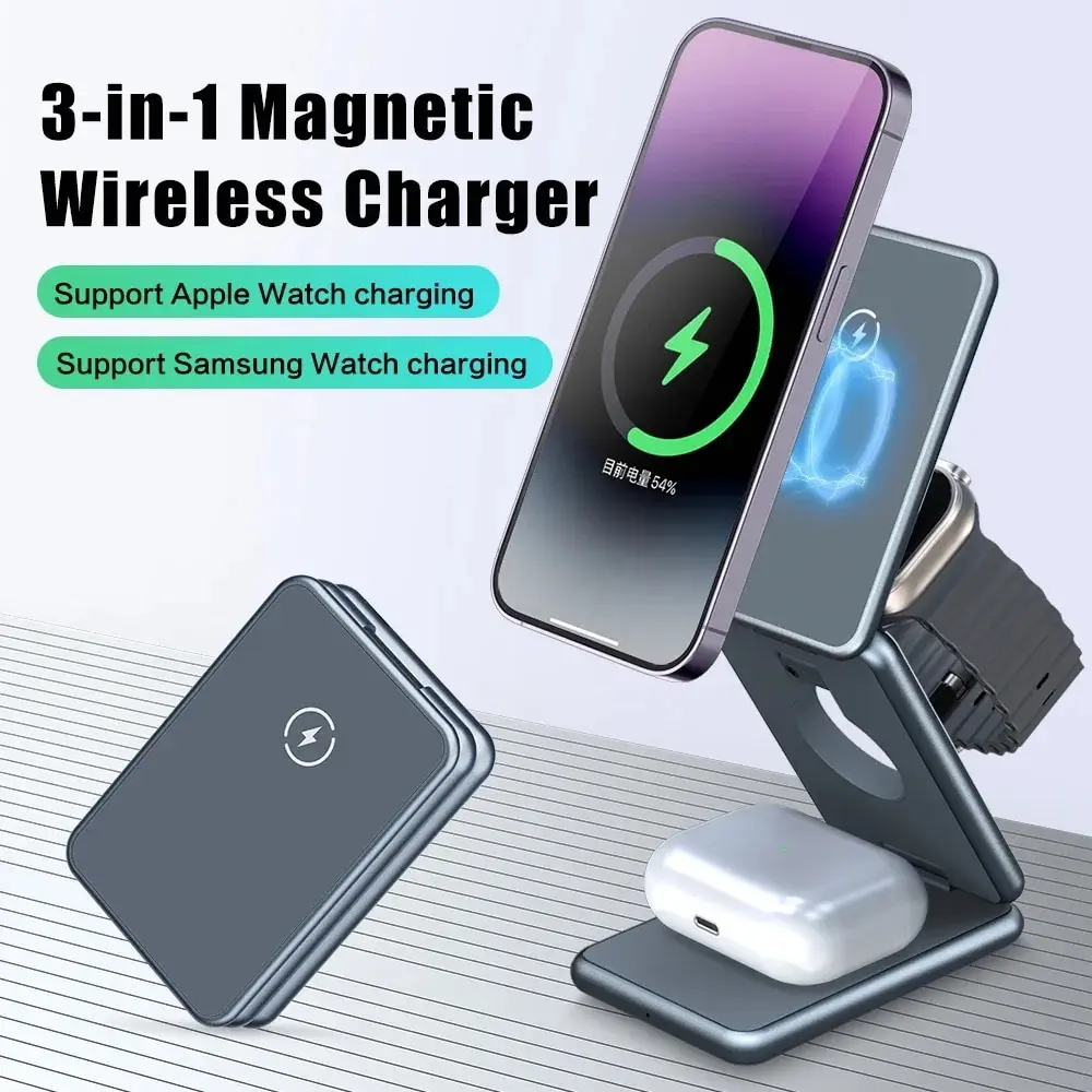 Magnetic Wireless Charger Stand For Apple Samsung Galaxy Watch iPhone 14 13 12 Pro Max 3 in 1 Foldable 15W Fast Charging Station