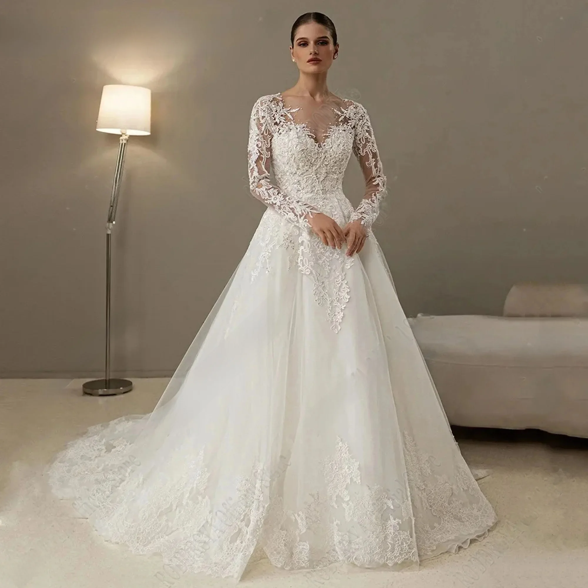 Roddrsya lange Ärmel Spitze Brautkleid 2025 a-Linie Knopf zurück Brautkleid o Hals Applikation Tüll angepasst vestido de noivaRODDRSYA Lange Ärmel Spitze Brautkleid 2025 A-Linie Knopf Zurück