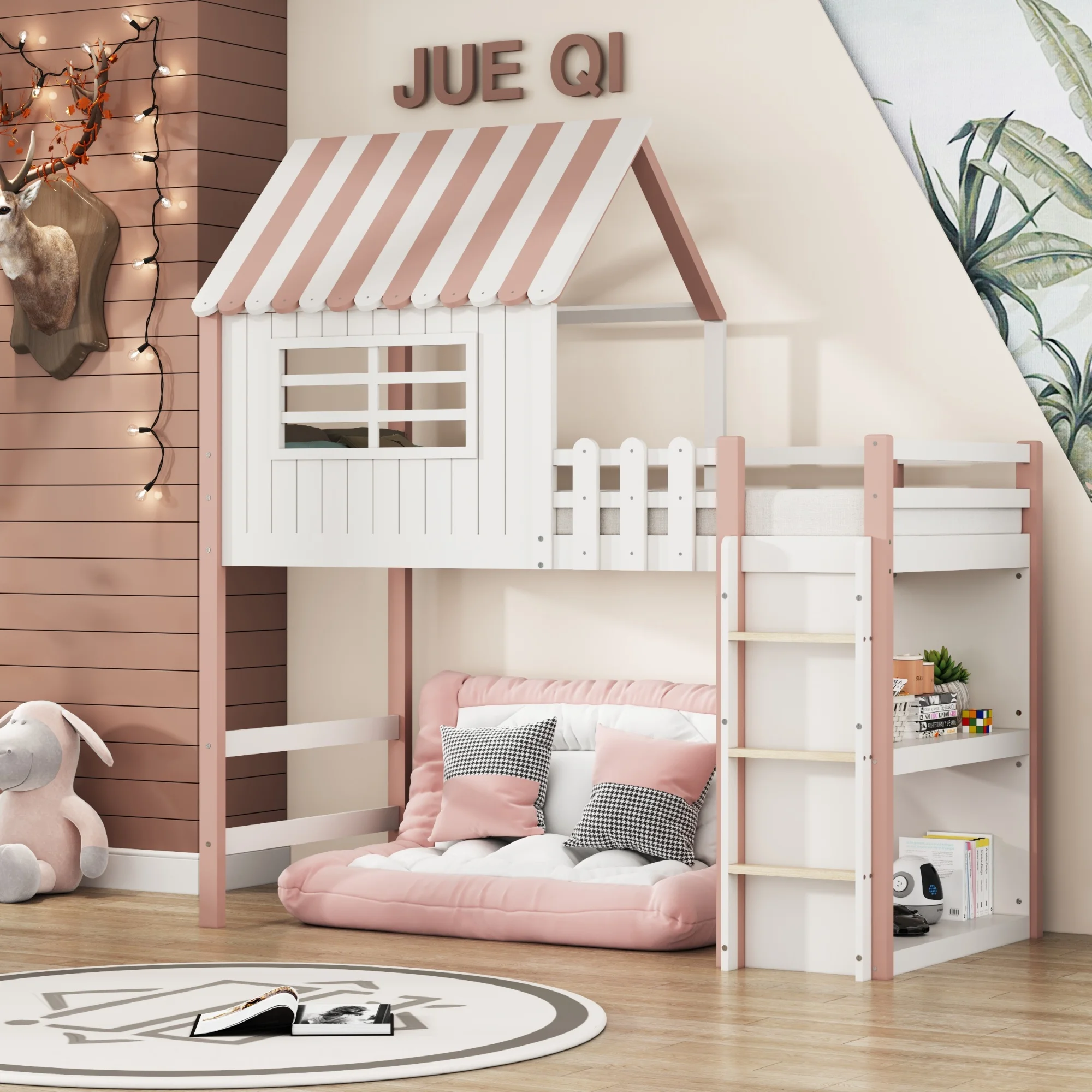 Kinderbett 90x200 cm mit Sicherheitsleiter, Ablagefach und Lattenrost  Massivholzbett mit Lattenrost