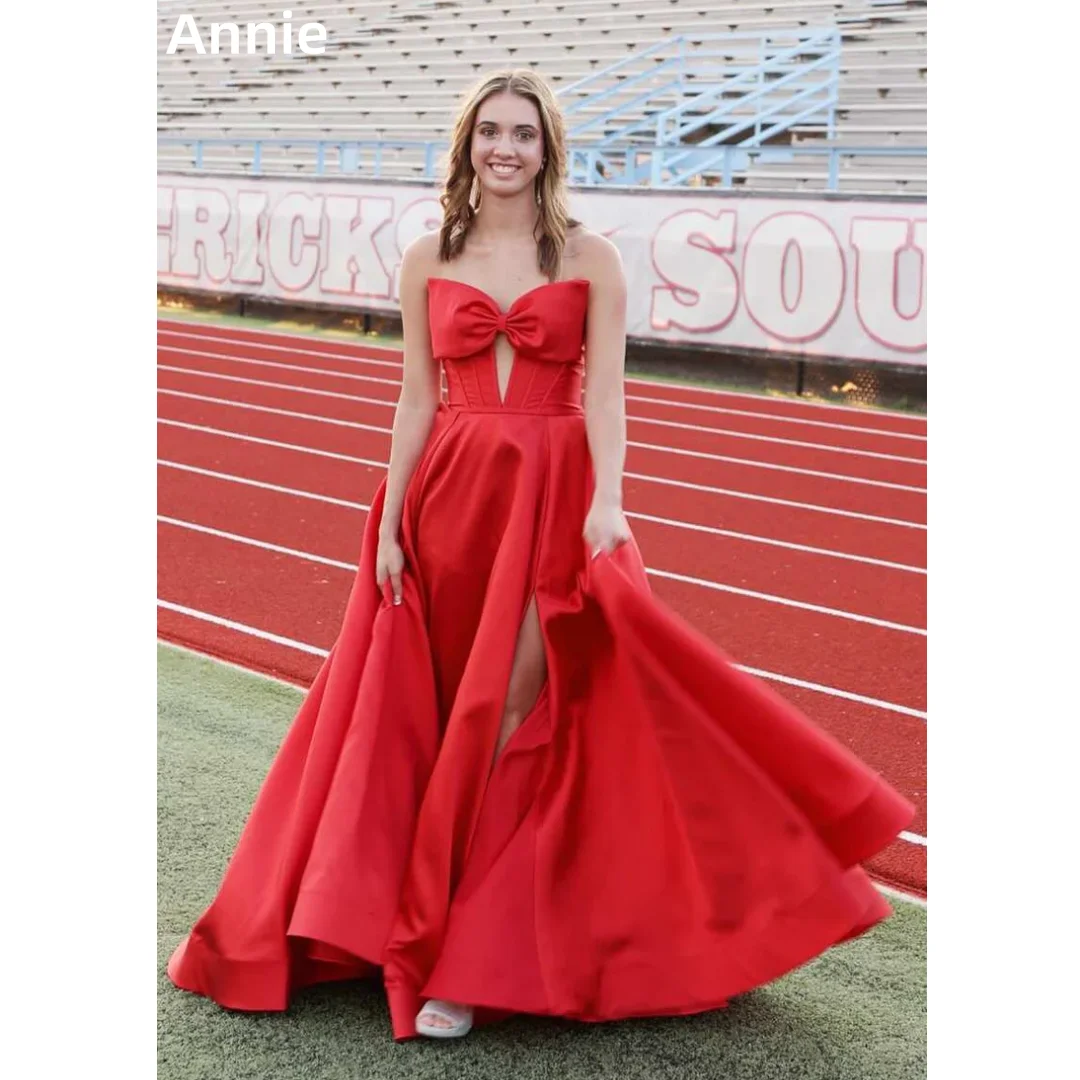 

Annie Red Waist Hollow Prom Dresses Sexy Off-shoulder Satin Evening Dresses A-line Side Slits Lady Party Dresses فساتين سهرة