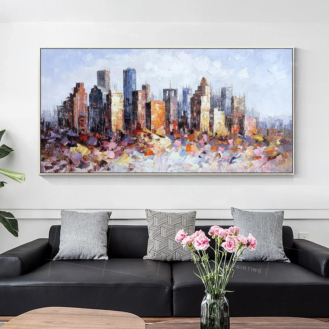 

Houston Cityscape Skyline Oil paintings on canvas original art Abstract Framed wall art livingroom wall art decor