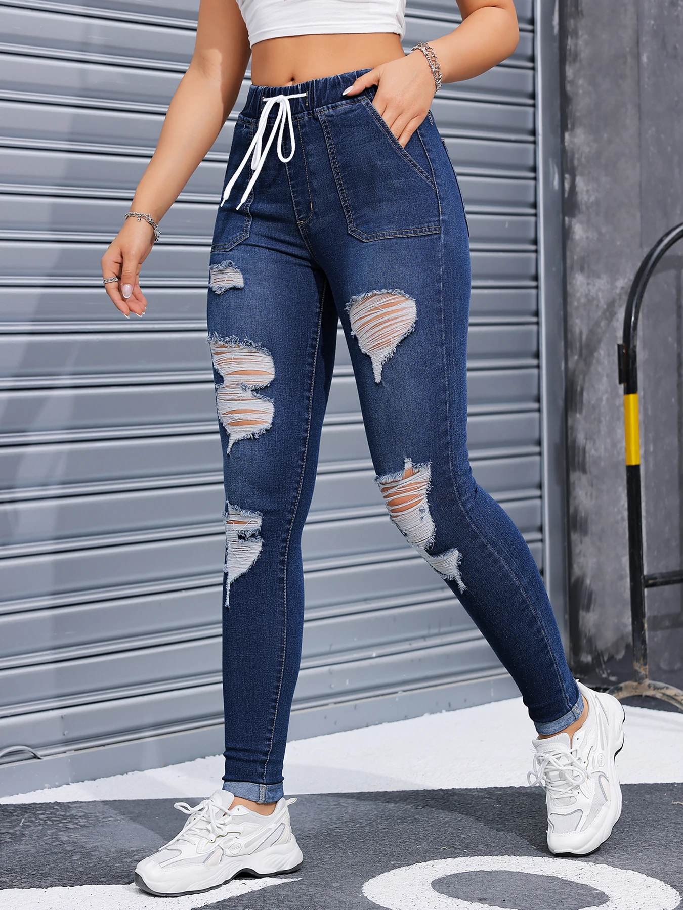 Cintura elástica cintura jean joggers para mulheres estiram calças jeans soltas com cordão