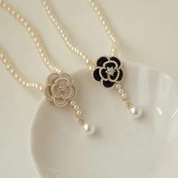 Fashion camellia white rose necklace light luxury niche pearl ladies small fresh sweet rose flower collarbone chain pendant gift