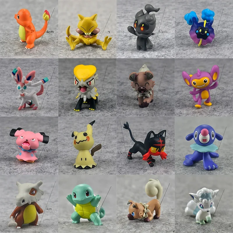Mini figurines Pokemon Pikachu Charmander Bulbasaur écureuil Eevee Vulpix Popplio Abra Rockruff Chespin, jouets en PVC, cadeau