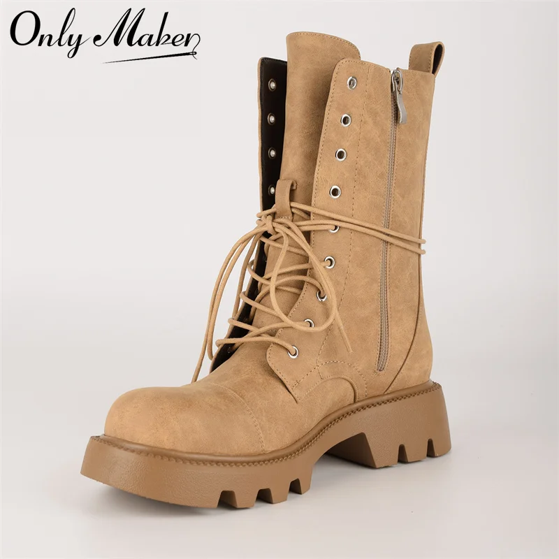 

Onlymaker Women Round Toe Lace Up Ankle Boots Side Zipper Autumn Winnter Platform Motorcycle Ankle Boots