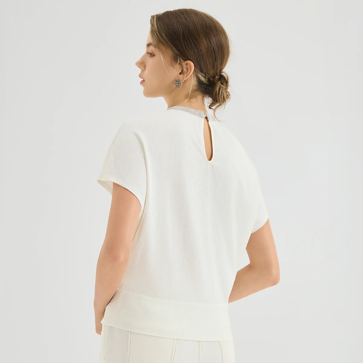 KX9613769 Elegant Cotton Blend Women's T-Shirt Chic Designer Tee Luxury Summer Trim Crew Neck Short Sleeve Top