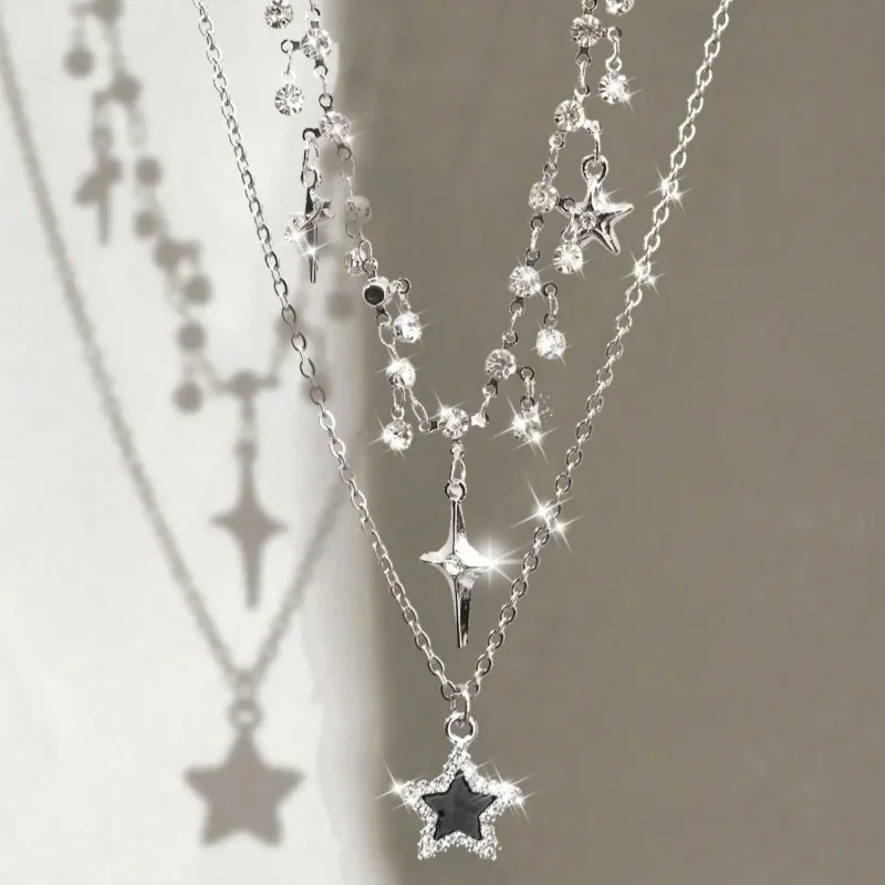 2Pcs Y2K Layered Star Necklace Set Shiny Water Diamond Four Corners Star Black Imitation Crystal Star Pendant Necklace Jewelry