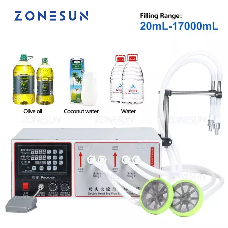 ZONESUN Semi Automatic  Double Nozzle Filling Machine Laundry Cooking Oil Water Juice Milk Liquid Bottle Filling Machine